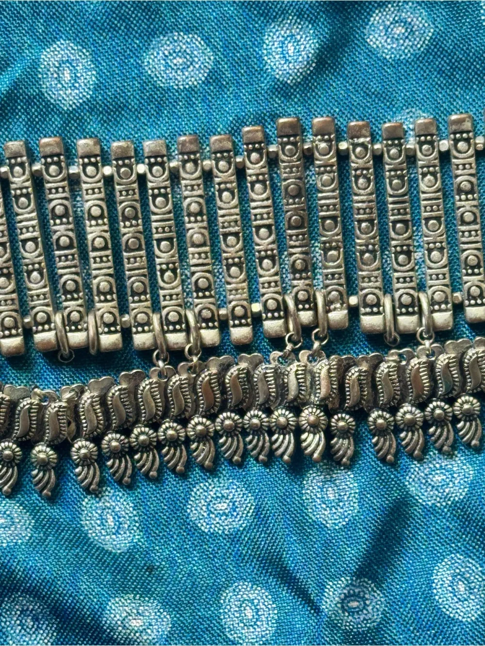 Ornate Silver Tone Wide Cuff Bracelet Boho Tribal Statement Fringe
